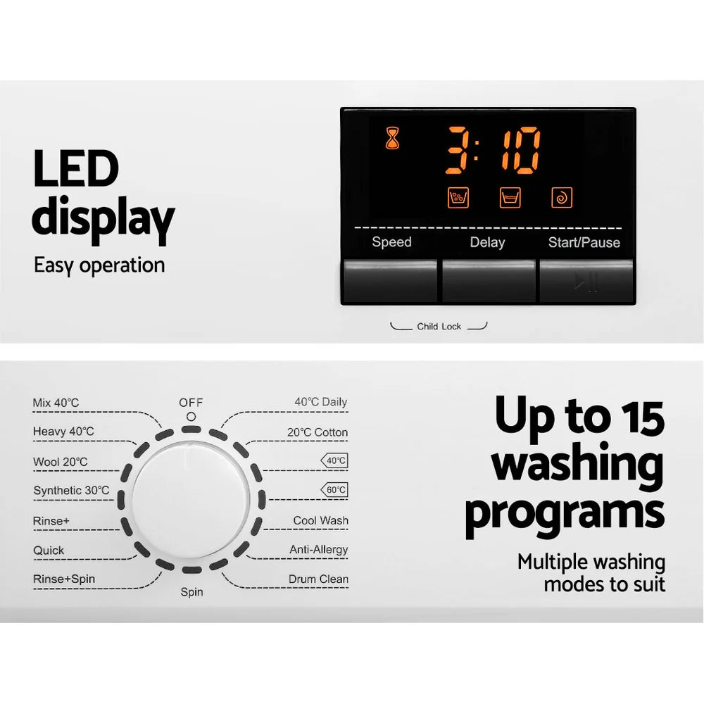 Devanti Front Load Washing Machine 8kg, 15 Programs, White - 59cm x 52cm x 84.5cm