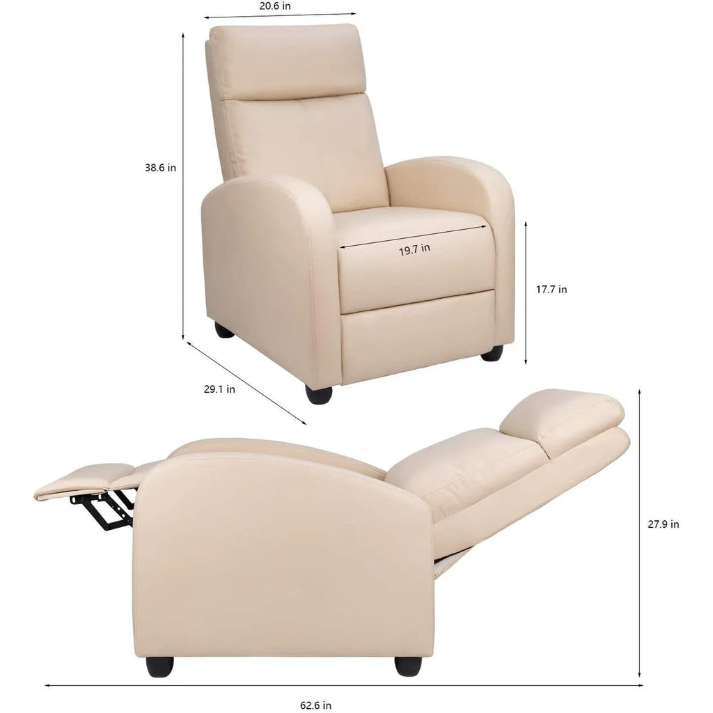PU Leather Recliner Chair, 27.6 x 35.8 x 38.6 in, 3 Reclining Positions