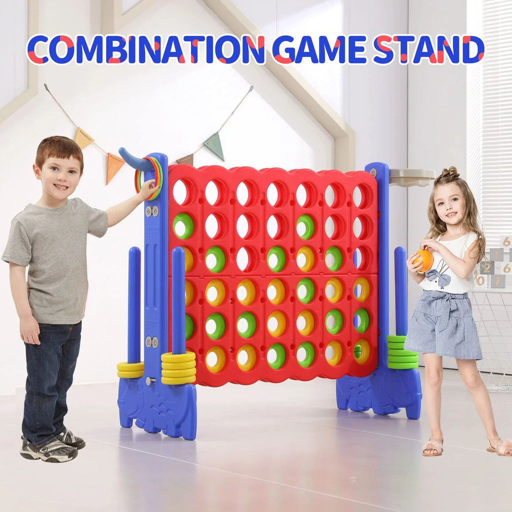 UNICOO 3-in-1 Giant 4 in a Row, Basketball Hoop and Ring Toss Game - Red + Blue