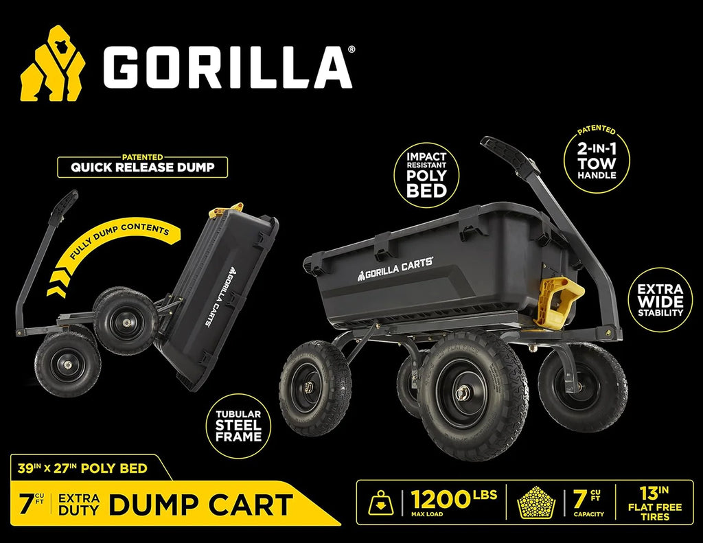 Poly Dump Garden Cart With No-Flat Tires, 7 Cubic Feet, 1200-Pound Capacity, Black - 7GCG-NF