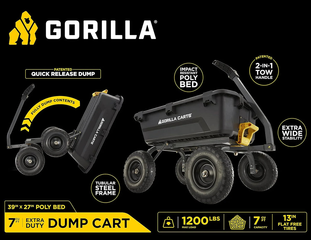 Poly Dump Garden Cart With No-Flat Tires, 7 Cubic Feet, 1200-Pound Capacity, Black - 7GCG-NF