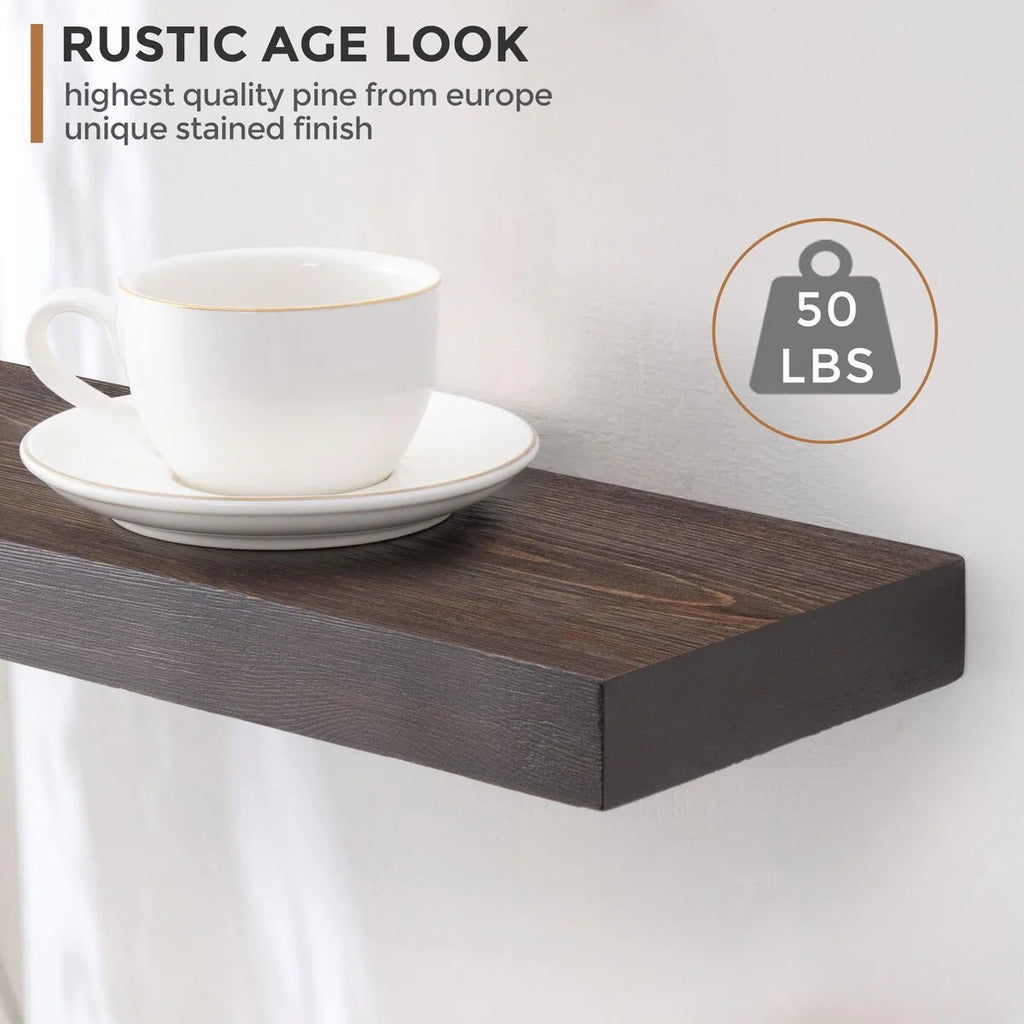 Set Of 2 Handcrafted European Pine Floating Wall Shelves, 16inch/24inch/36inch, Grey/Espresso/Walnut