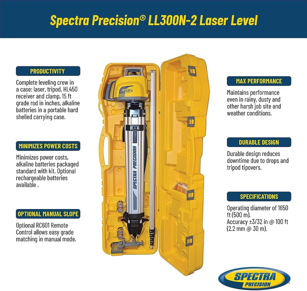 Spectra Level Kit With HL450 Receiver, 15ft Grade Rod And Tripod - LL300N-2