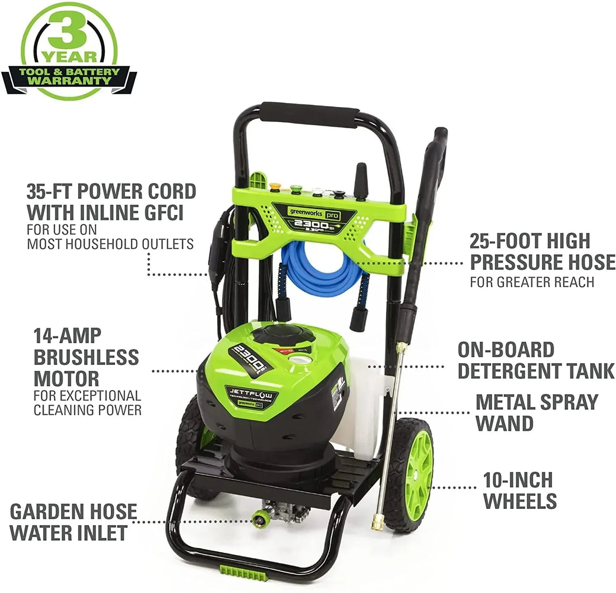 Greenworks Brushless Electric Pressure Washer 2300-PSI 14 Amp 2.3-GPM - JettFlow