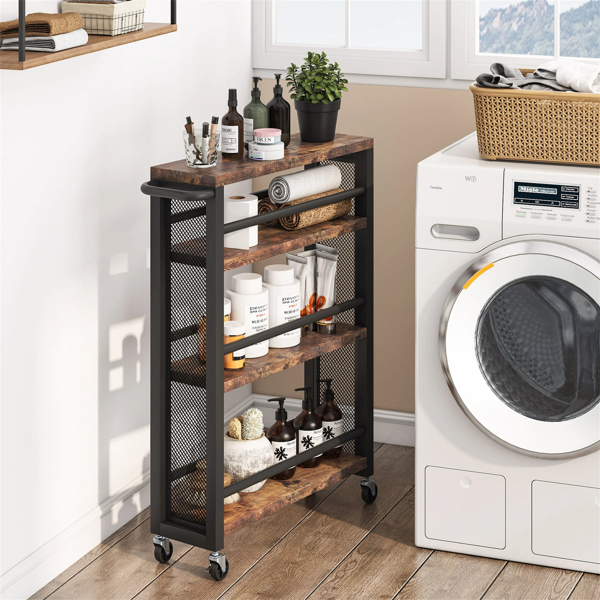 4-Tier Rolling Kitchen Storage Cart, Brown/Black, 19.69in W x 6.3in D x 33.46in H