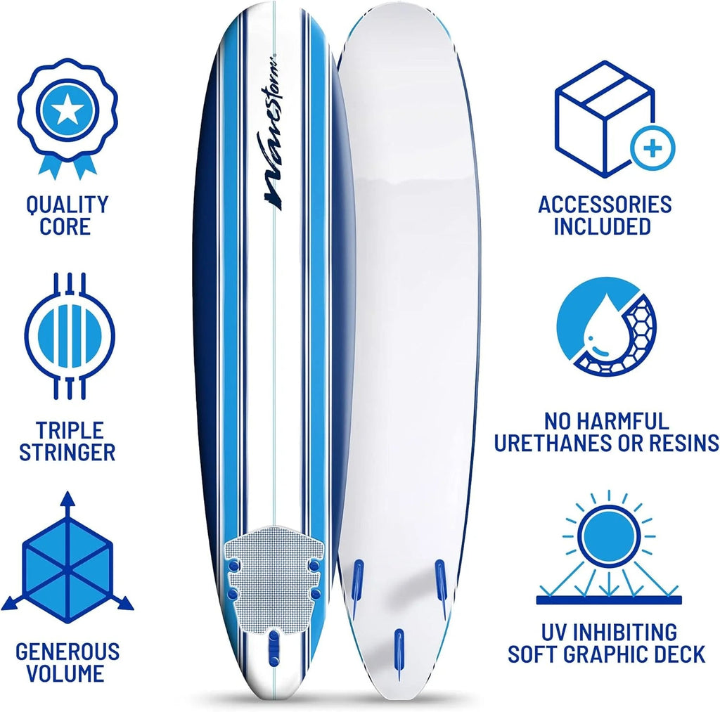 8ft Soft Top Foam Surfboard, EPS Core, 3 Stringers, Wax-Free Longboard, 200lb Capacity