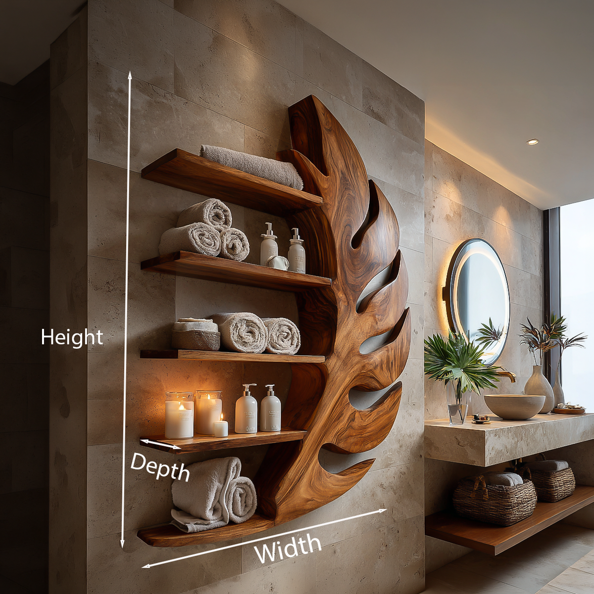 Artistic Wood Leaf Bathroom Shelf For Bathroom