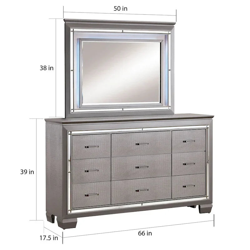 Furniture of America 9-Drawer Dresser and Mirror Set, 66 x 17.5 x 39 in - Ruff Crocodile
