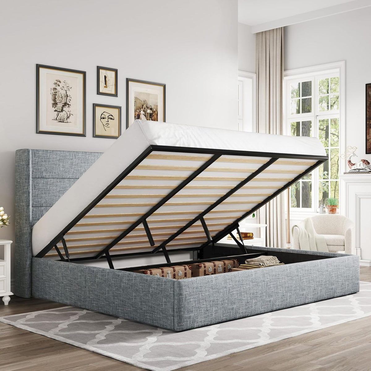 Queen Size Lift-Up Storage Bed With Wingback Headboard, Upholstered Platform Bed Frame With Hidden Storage