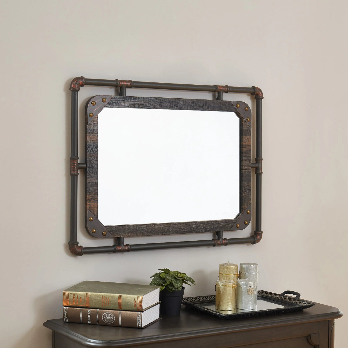 Industrial Metal Floating Wall Mirror, 31 Inch