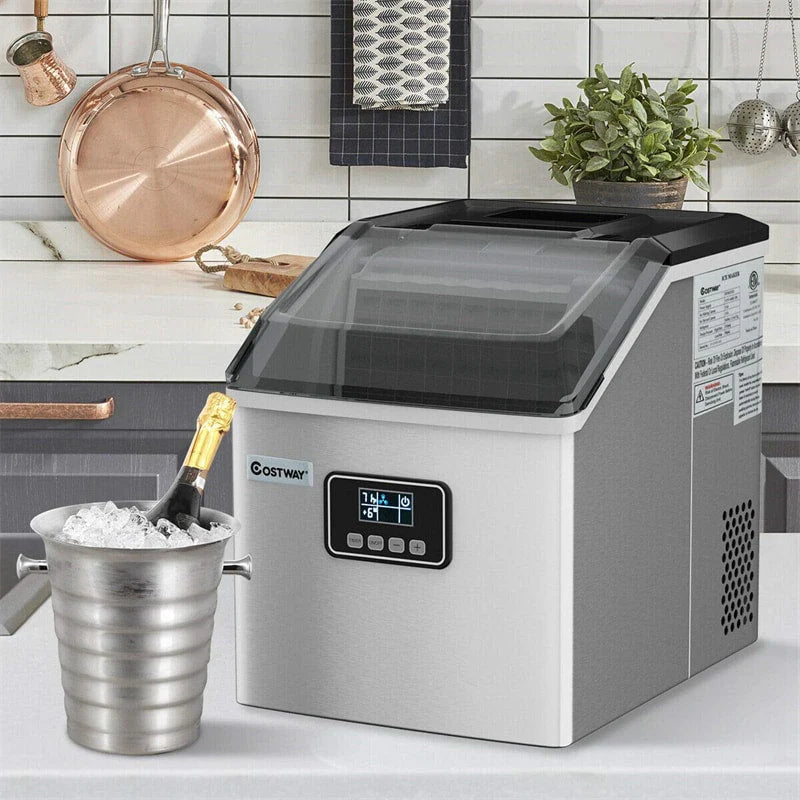 Stainless Steel Countertop Ice Maker, 48 lbs/24h, Silver, Self-Cleaning LCD Display
