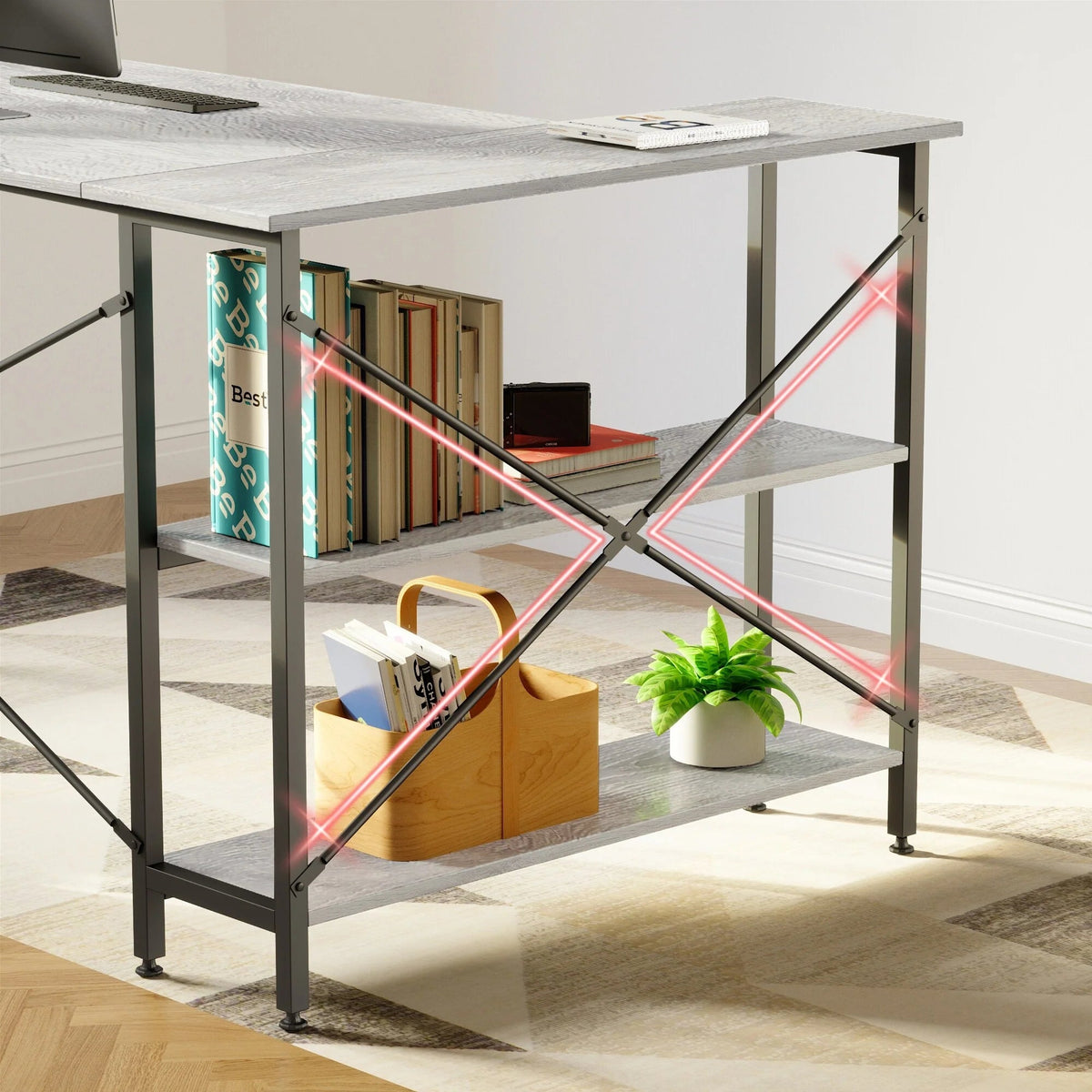Small L-Shaped Computer Desk With Reversible Storage Shelves - 55-Inch / 47-Inch