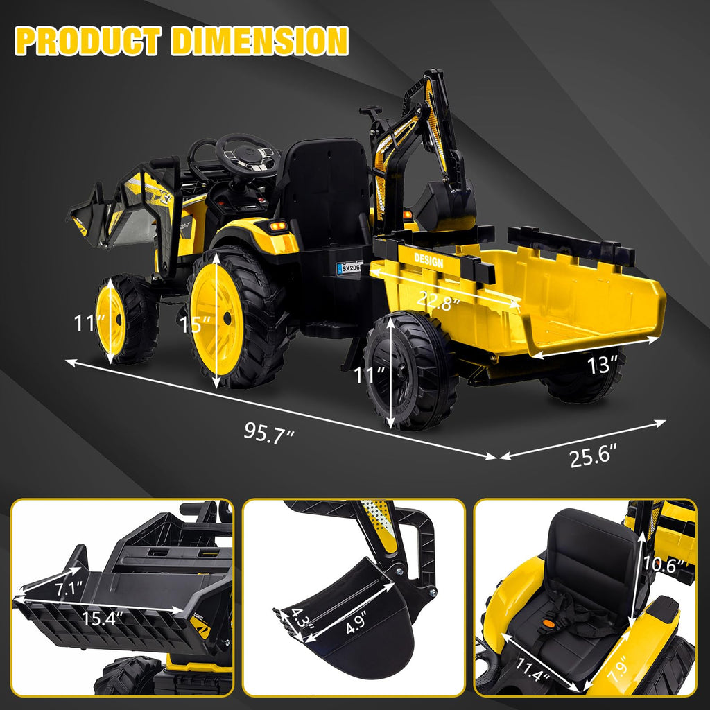 3-in-1 24V Electric Ride-On Tractor With Excavator And Bulldozer - Bright Yellow