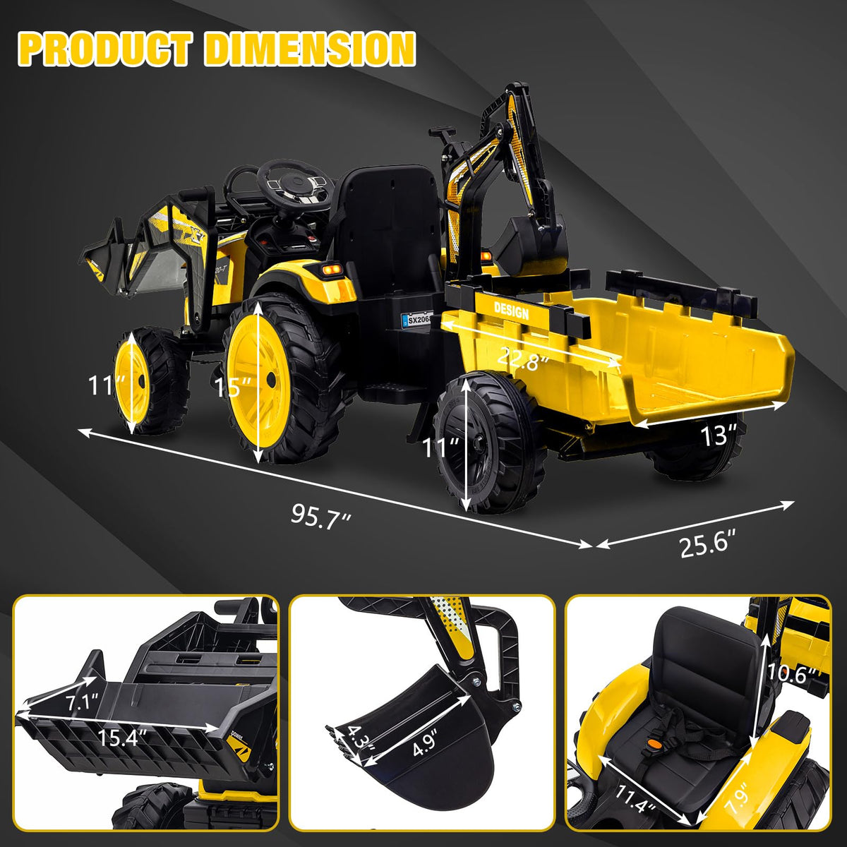 3-in-1 24V Electric Ride-On Tractor With Excavator And Bulldozer - Bright Yellow