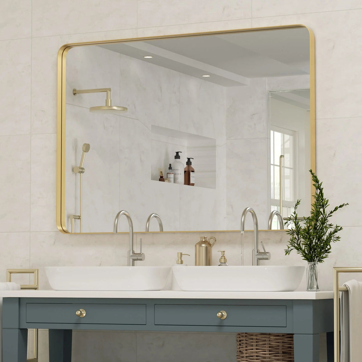 Framed Wall Vanity Mirror With Rounded Corners, 1 Piece