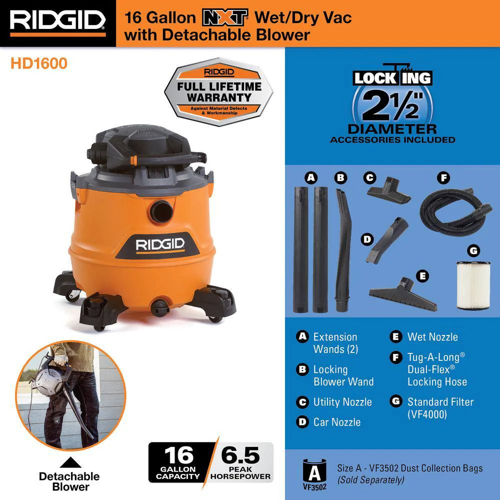 RIDGID 16 Gallon 6.5 Peak HP NXT Wet/Dry Shop Vacuum With Detachable Blower - HD1600