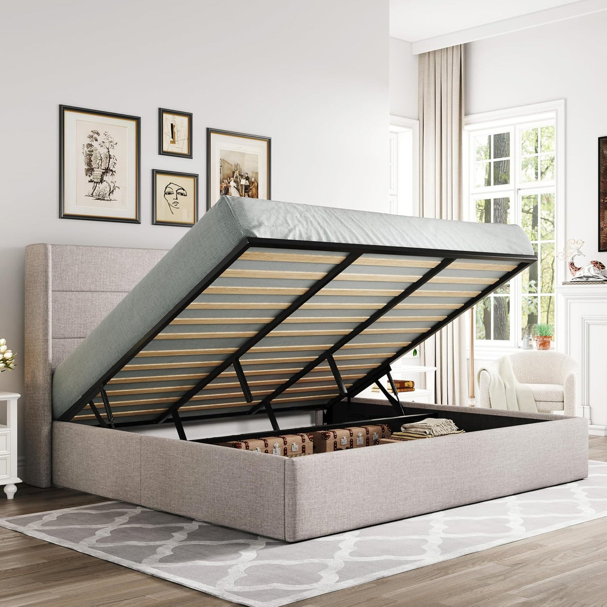 Queen Size Lift-Up Storage Bed With Wingback Headboard, Upholstered Platform Bed Frame With Hidden Storage