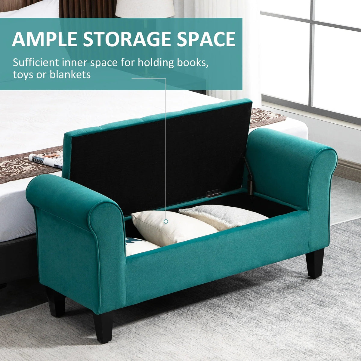 Button-Tufted Storage Ottoman Bench, Polyester and Rubberwood, 53.25in W x 17.75in D x 25.5in H