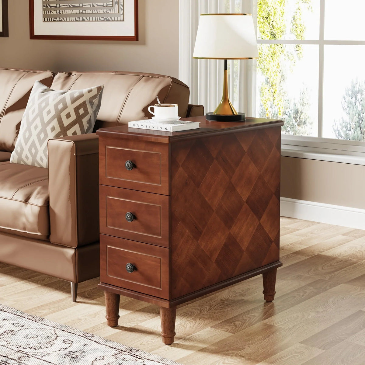 Solid Wood Narrow End Table With 3 Drawers - Fully Assembled