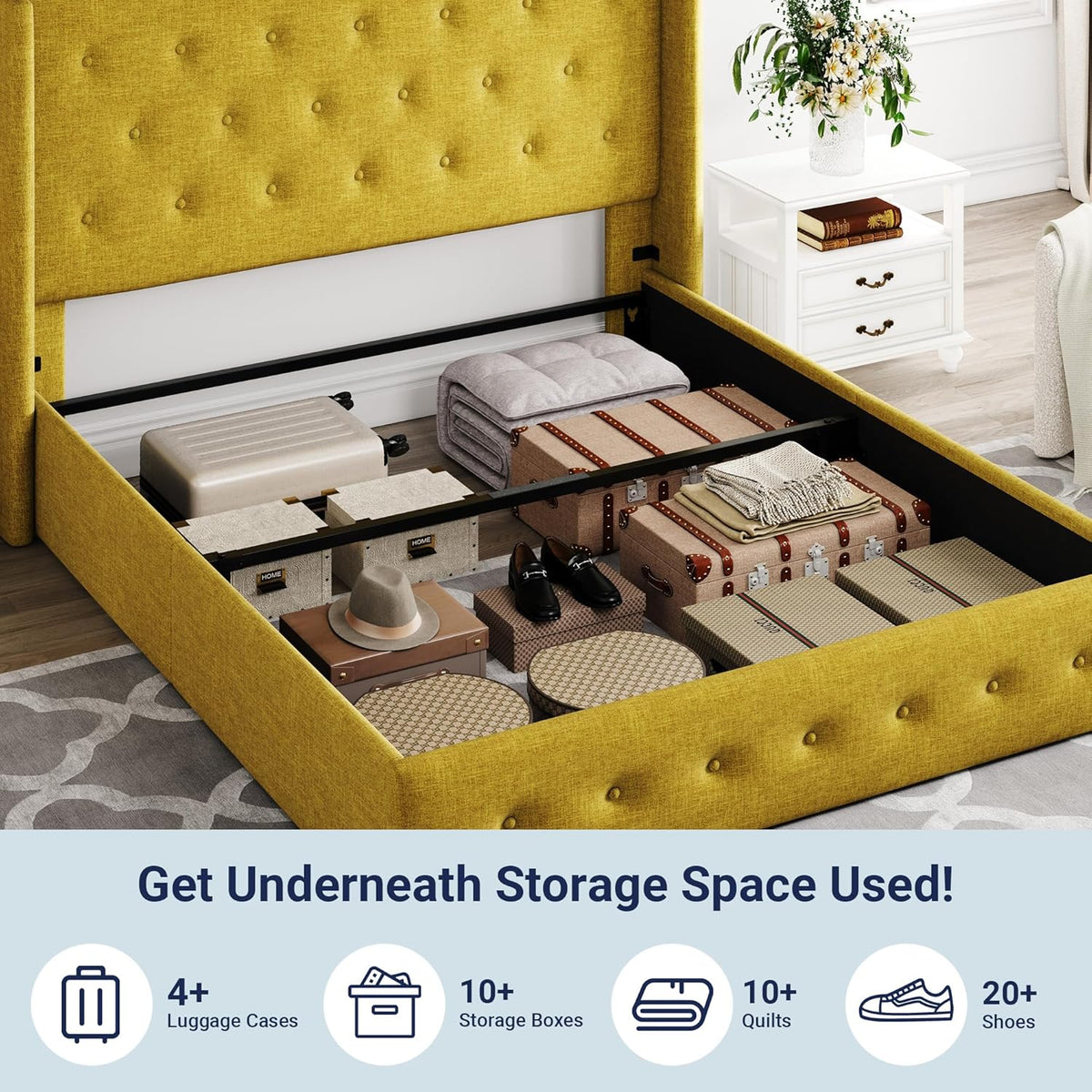 Queen Size Lift-Up Storage Bed With Wingback Headboard, Upholstered Platform Bed Frame With Hidden Storage