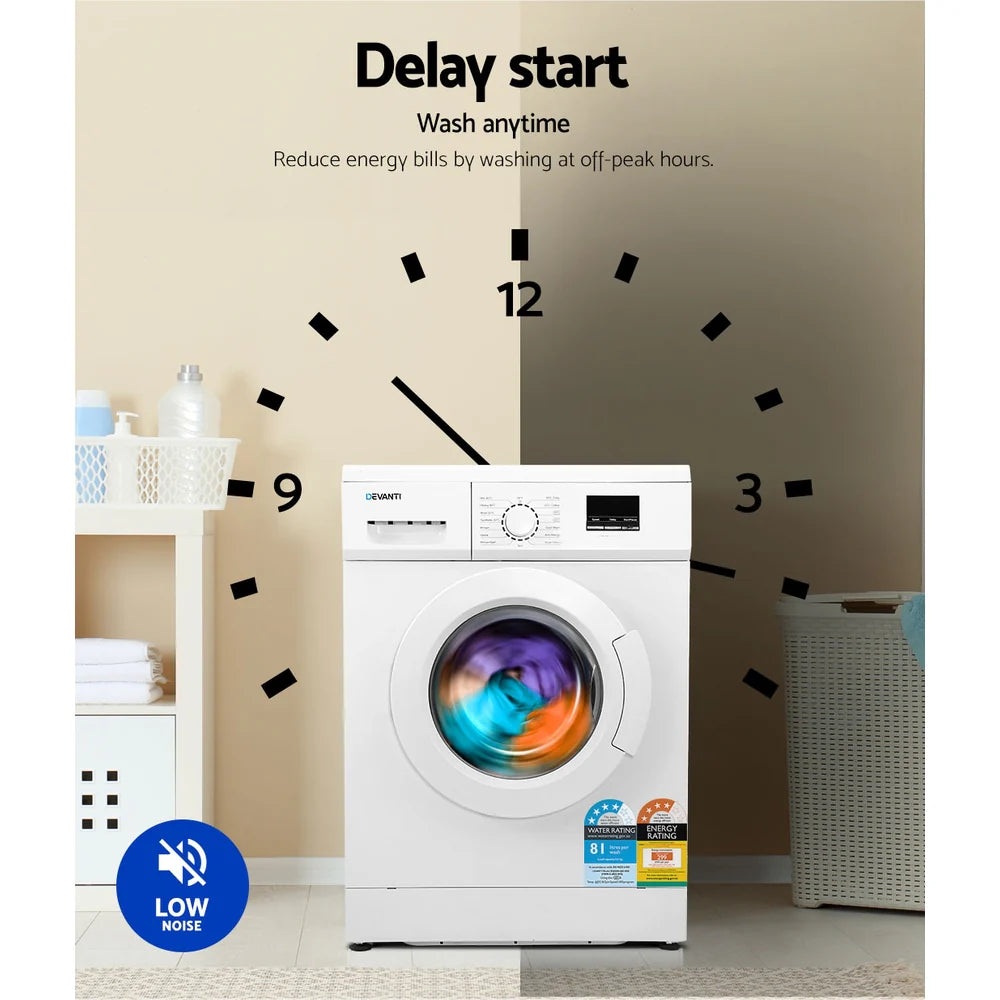 Devanti Front Load Washing Machine 8kg, 15 Programs, White - 59cm x 52cm x 84.5cm