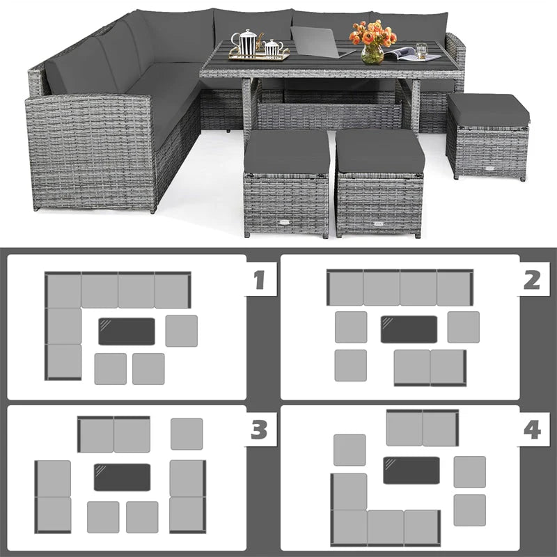 7-Piece Rattan Patio Dining Set With 3 Corner Chairs, 3 Ottomans And Table