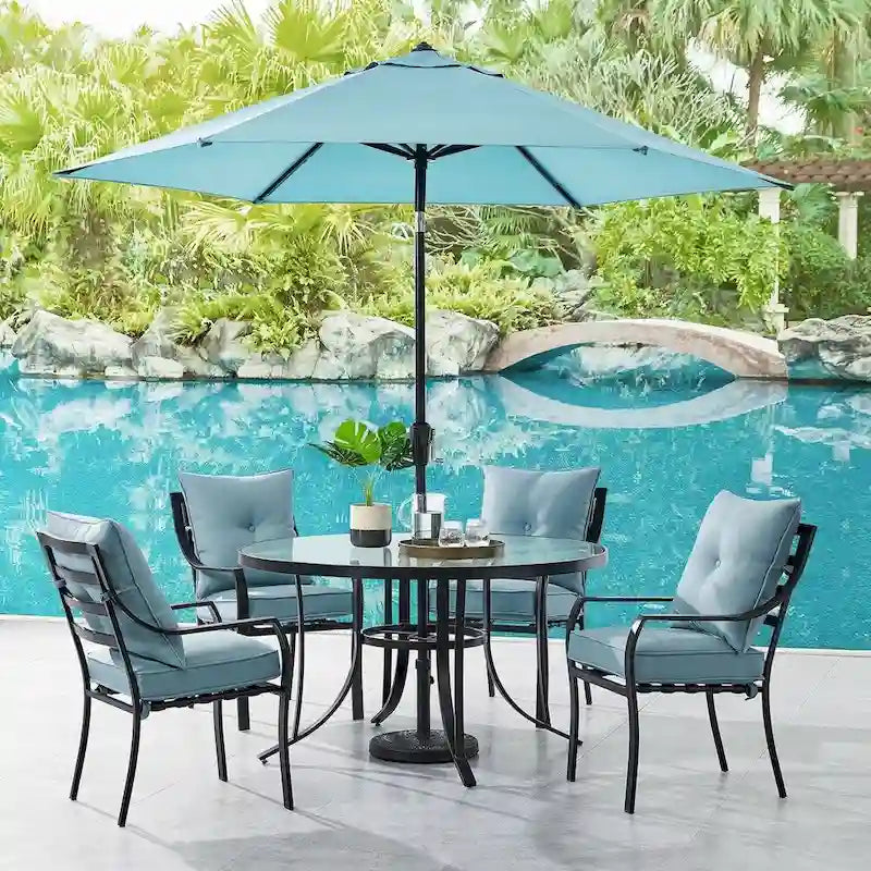 Hanover 5-Piece Outdoor Dining Set, Ocean Blue, 52-in Round Glass-Top Table, 4 Chairs, 9-ft Umbrella and Base - Lavallette