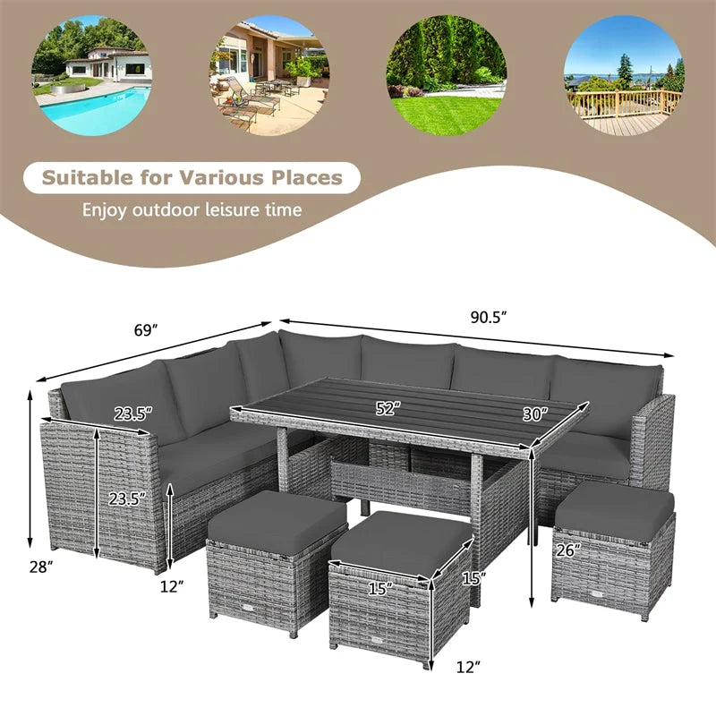7-Piece Rattan Patio Dining Set With 3 Corner Chairs, 3 Ottomans And Table