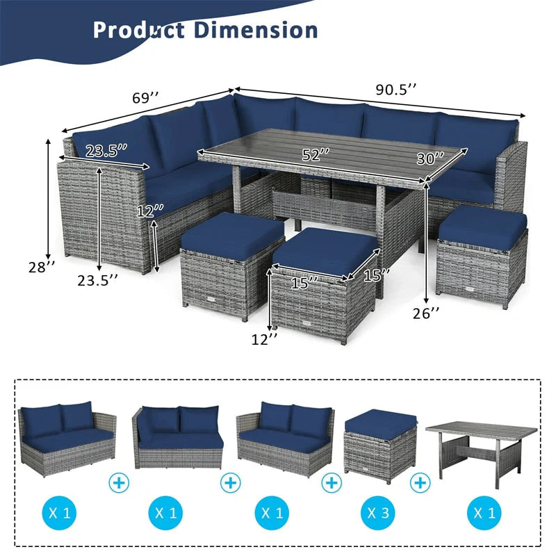 7-Piece Rattan Patio Dining Set With 3 Corner Chairs, 3 Ottomans And Table