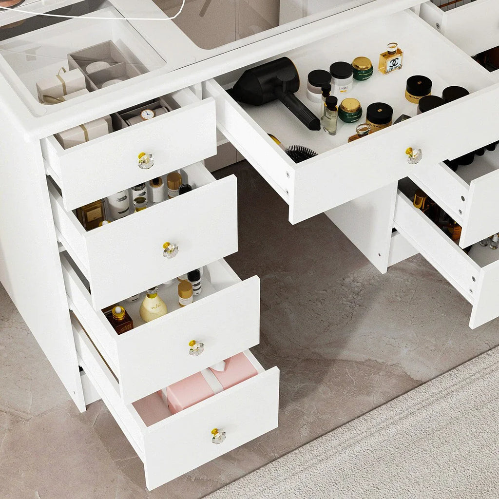 Makeup Vanity Dresser With Tri-Fold Mirror, Glass Top And 15 Bulbs - 40.2 x 53.6 x 19.7