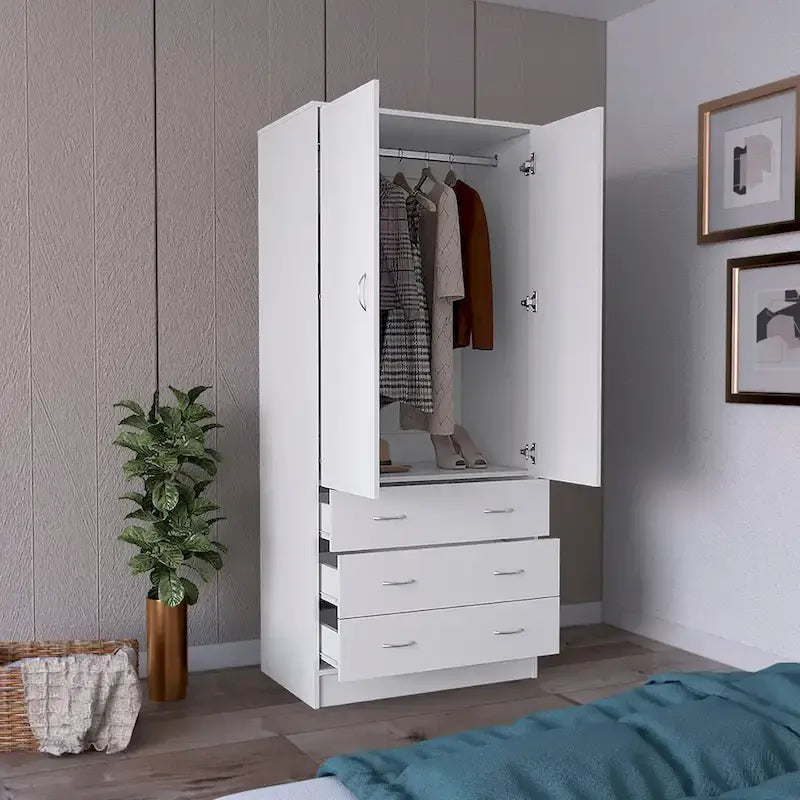 Devali Blue Double-Door Armoire With 3 Drawers And 1 Hanging Rod