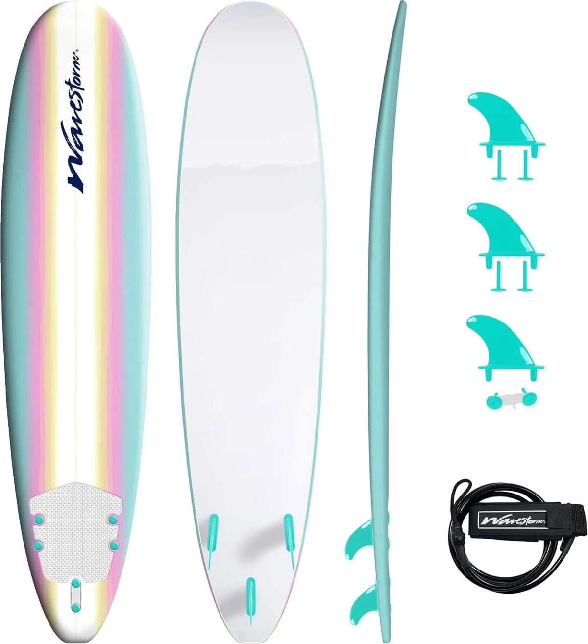 8ft Soft Top Foam Surfboard, EPS Core, 3 Stringers, Wax-Free Longboard, 200lb Capacity