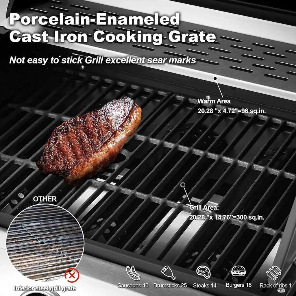 MELLCOM 4 Burner Propane Gas Grill With Cast Iron Grates And Side Stove, 44,000 BTU, Black - BBQ-4+1