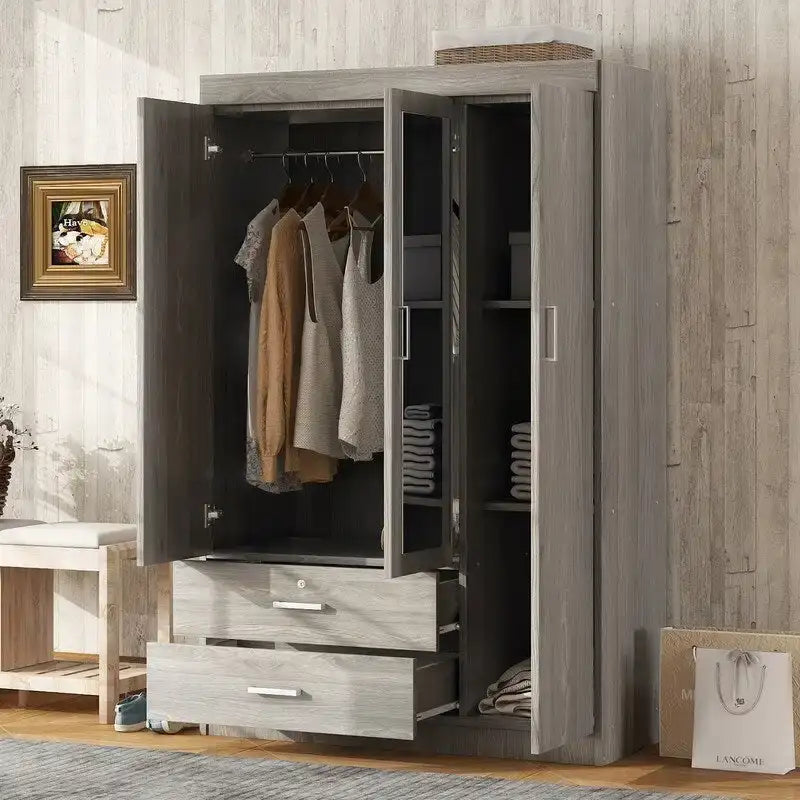 3-Door Mirror Wardrobe With Shelves And 2 Drawers - White Or Gray