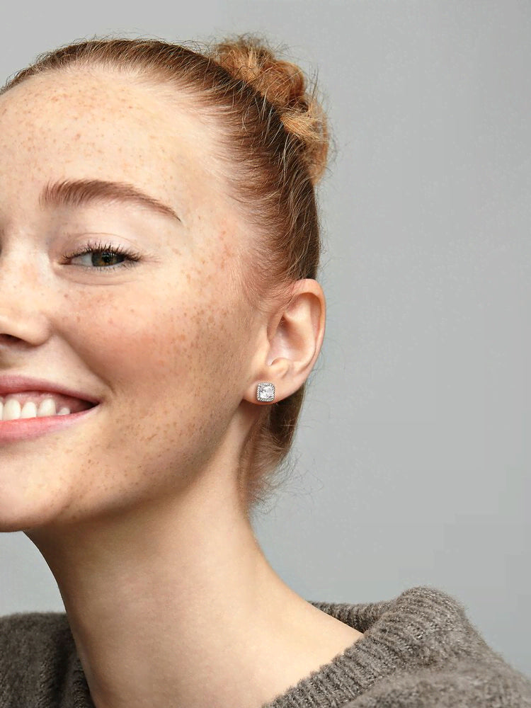 Square Sparkle Halo Stud Earrings
