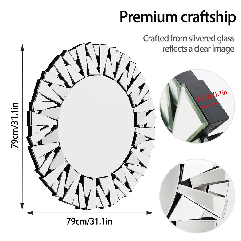 32 Inch Round Sunburst Decorative Wall Mirror, Silver Glass - 31.5 Inch