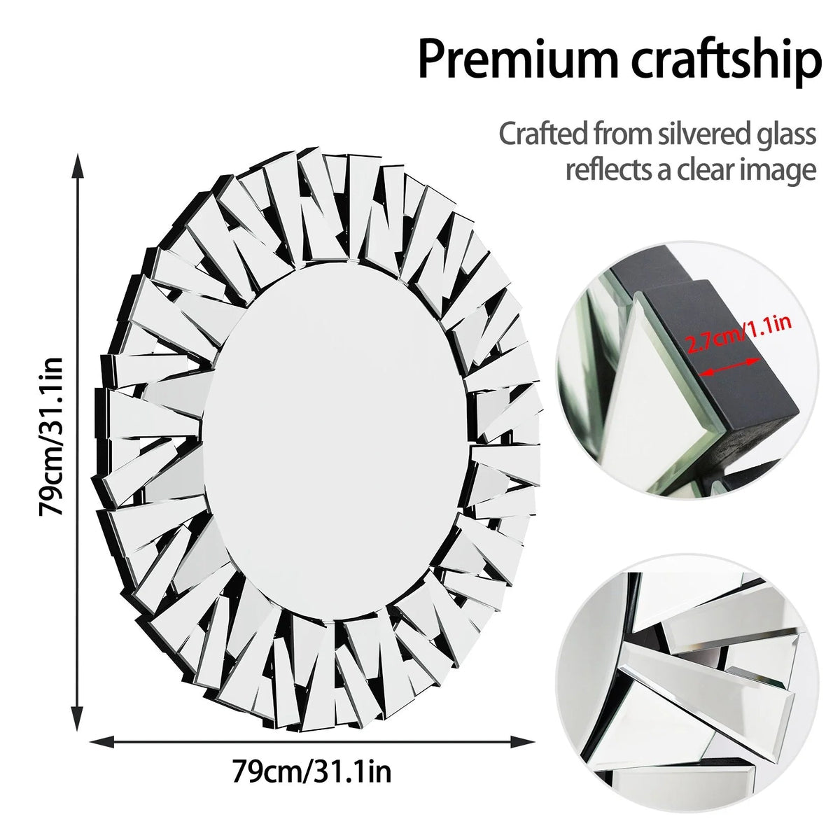 32 Inch Round Sunburst Decorative Wall Mirror, Silver Glass - 31.5 Inch