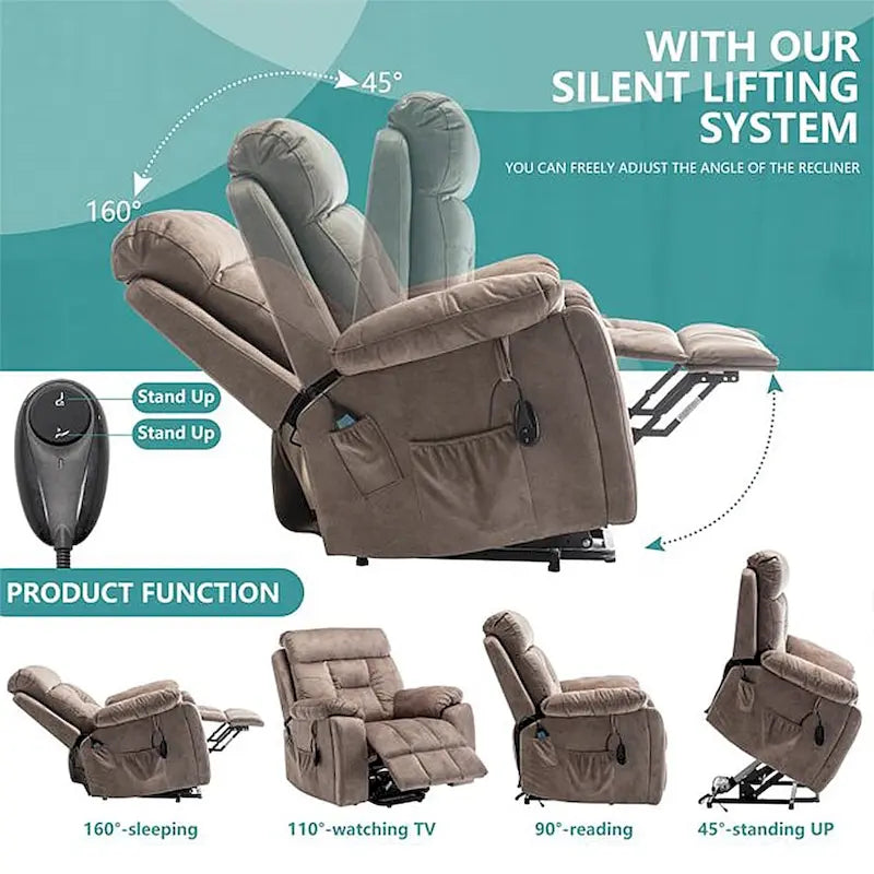 Large Electric Power Lift Recliner With Heat, Massage, Hidden Cup Holder - 40.94W x 38.19D x 42.52H