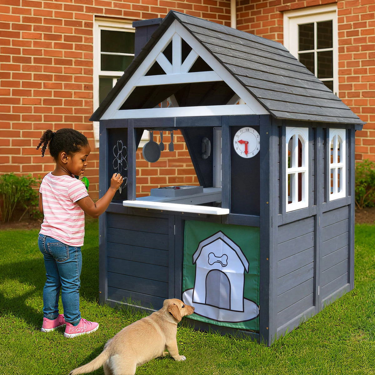 COCLUB Wooden Outdoor Playhouse With Doorbell, Phone And Kitchen Toys, 45in L x 43in W x 65in H