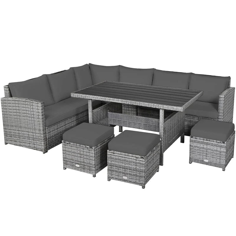 7-Piece Rattan Patio Dining Set With 3 Corner Chairs, 3 Ottomans And Table