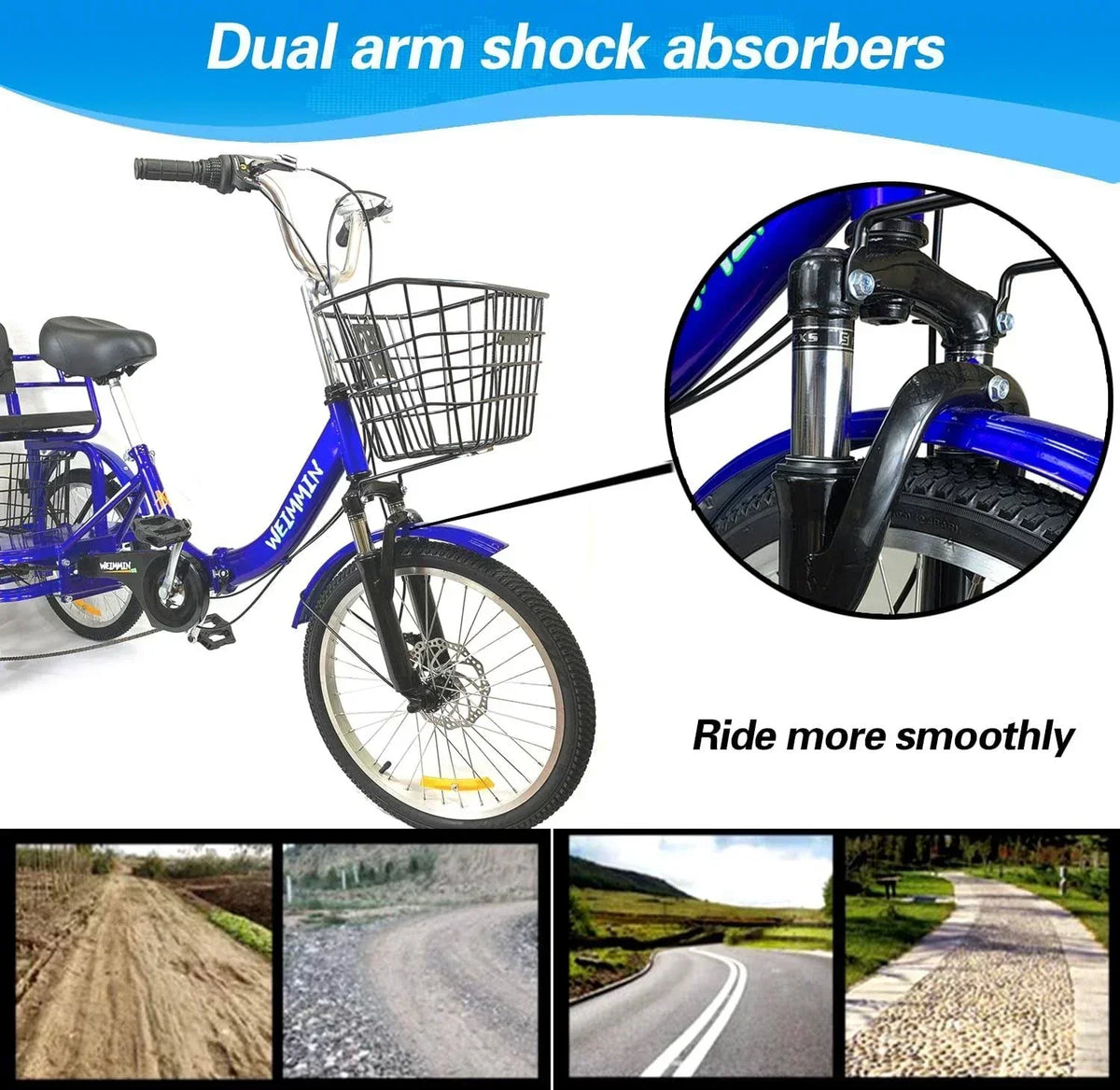 WEIMMIN Adult Folding Tricycle, 20 inch, 7 Speed, Star Strip Blue