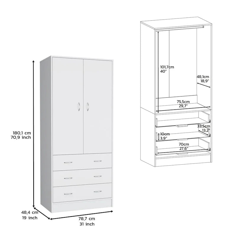 Devali Blue Double-Door Armoire With 3 Drawers And 1 Hanging Rod