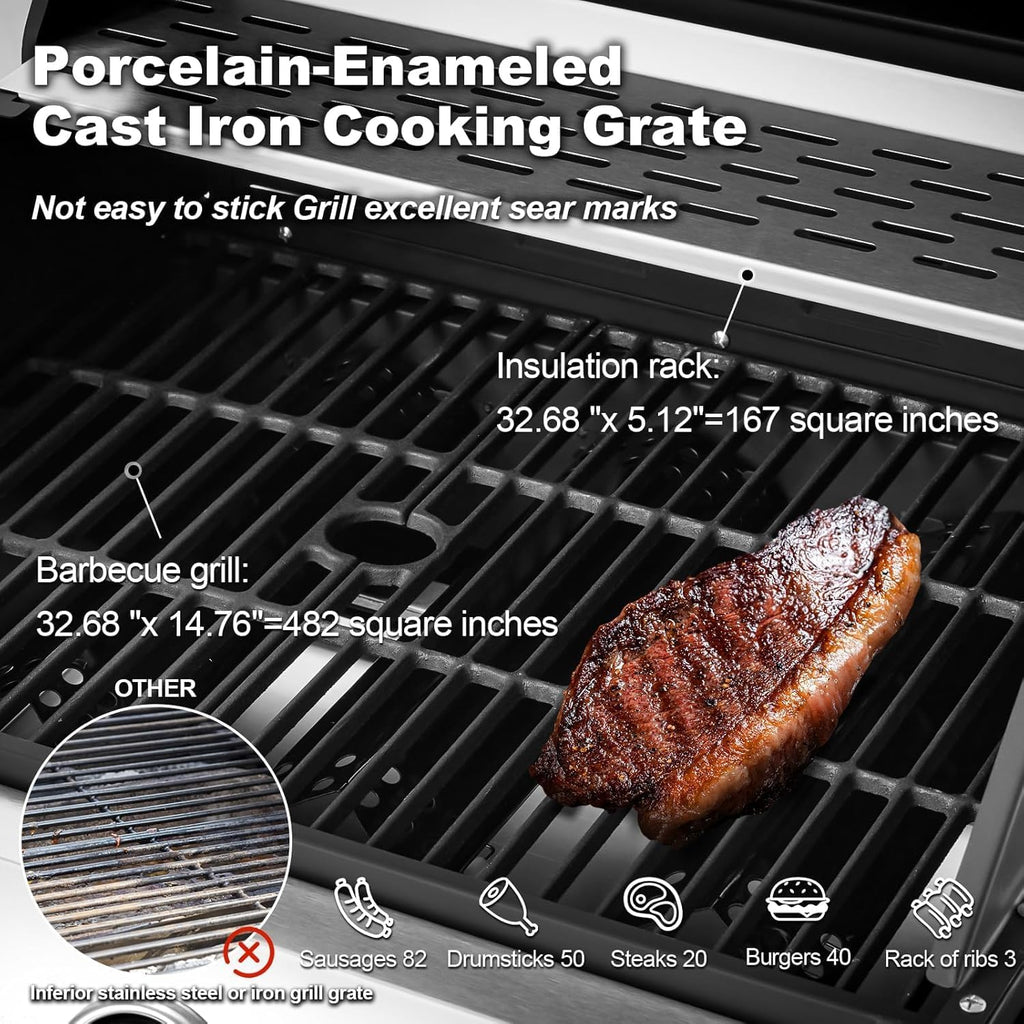 MELLCOM 4 Burner Propane Gas Grill With Cast Iron Grates And Side Stove, 44,000 BTU, Black - BBQ-4+1