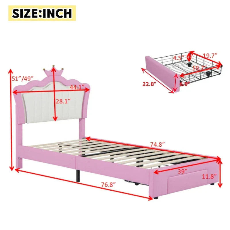 Twin Upholstered Bed Frame With LED Lights, Crown Headboard, Drawer, Pink+White - 76.8L x 44.1W x 51H