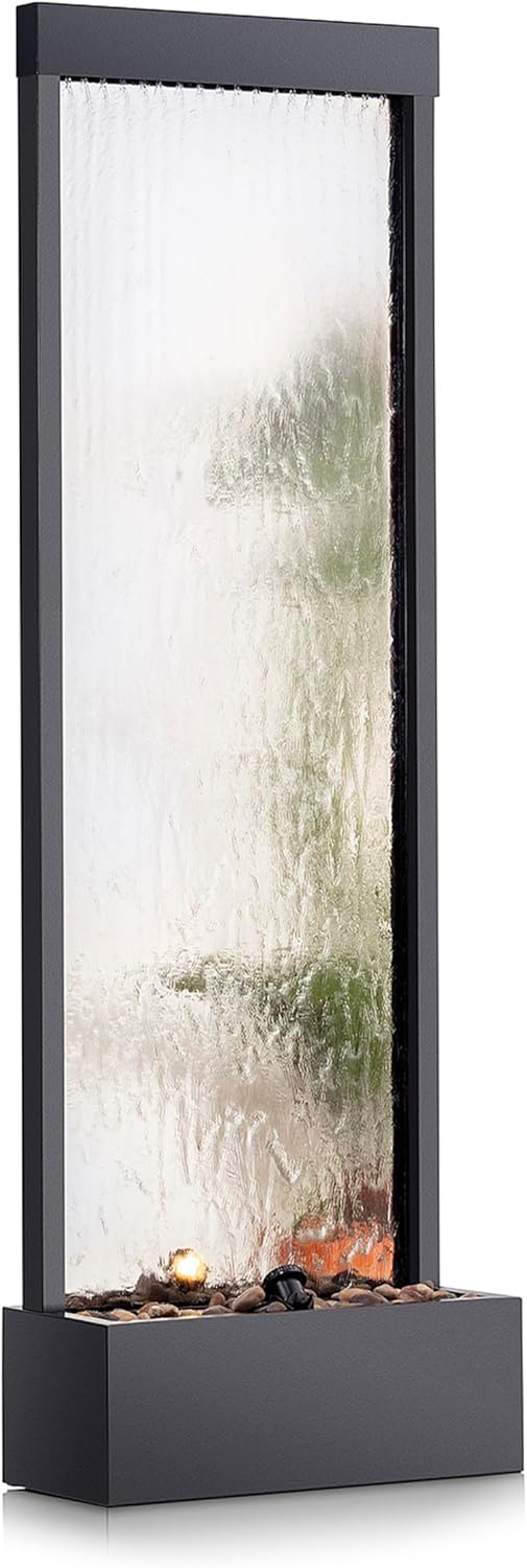 Alpine Corporation Wall-Mounted Mirror Waterfall Fountain With Stones And LED Lights, 24in L x 10in W x 72in H, Silver