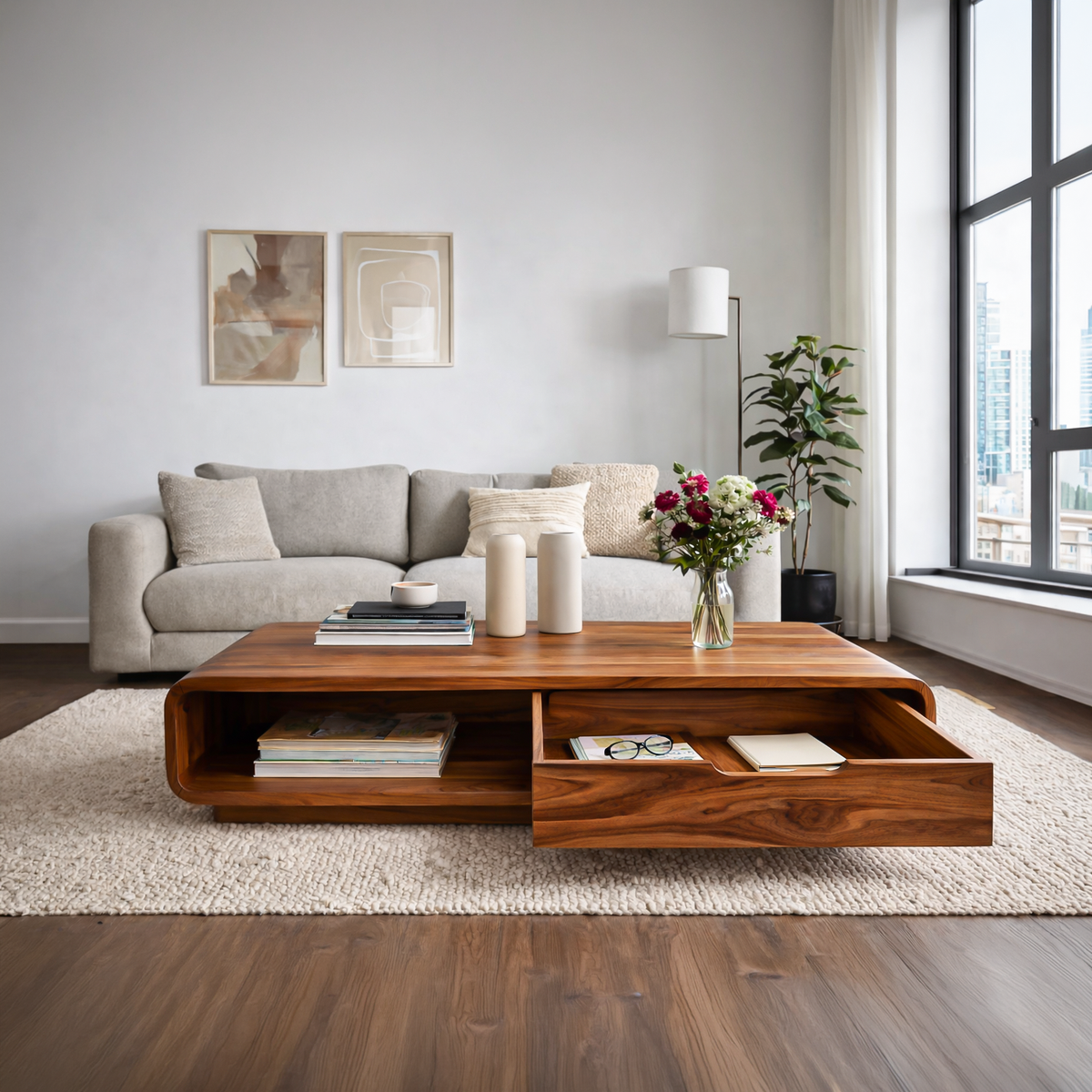 Coffee Table With Drawer Curved Silhouette For Contemporary Interior