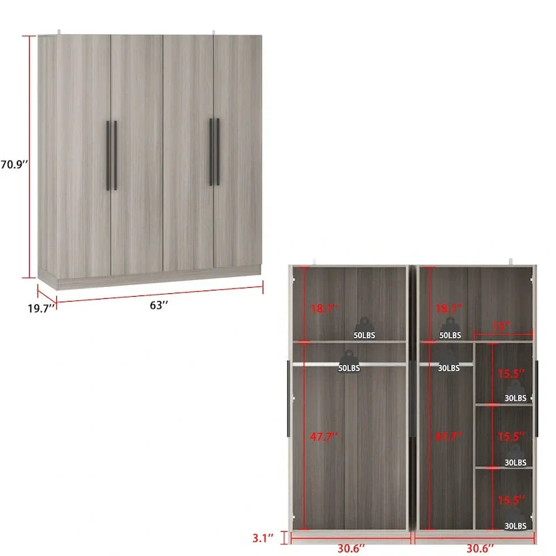 FUFU&GAGA Freestanding Solid Wood Wardrobe Closet With Storage Shelves