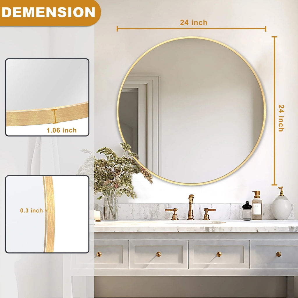 Round Bathroom Vanity Mirror, 24x24 / 36x36, Black, Brushed Gold or Silver