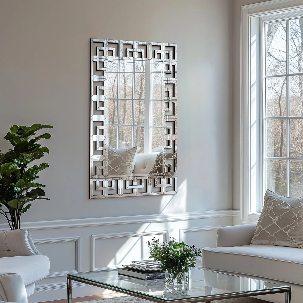 Silver Geometric Decorative Wall Mirror, 39.4in x 27.6in - MDF And Glass