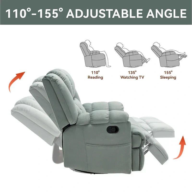 Lazy Boy Oversized Fabric Swivel Rocking Manual Recliner Chair, 37.8L*38.2W*41H, 155 Degrees